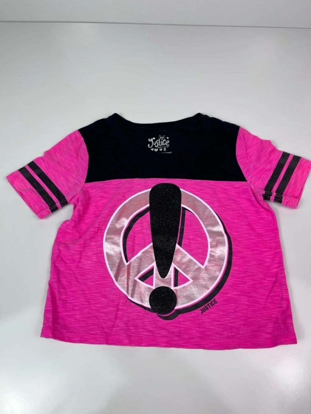 Kids Girls Justice Hot Pink Peace Exclamation Short Sleeved T-shirt Sz 8